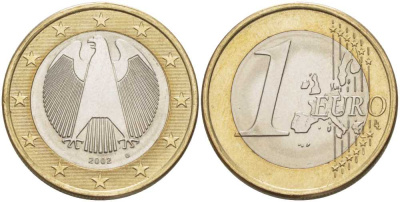 ФРГ 1 евро 2002 G KM 213 биметалл UNC 210-547