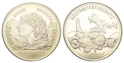 Швейцария 5 экю 1995 Нейтралитет, Самолет Boeing B-17 времен Второй мировой войны медно-никель BU 11-207-13