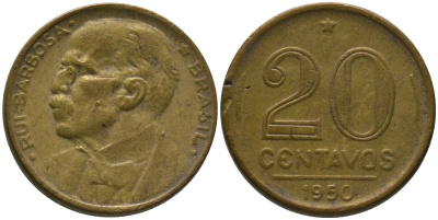 Бразилия 20 сентаво 1950 Руй Барбоза ди Оливейра KM 562, Schon 66 алюминиевая бронза 4567-838