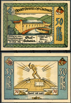 Германия, Корбах 50 пфеннигов 1922 нотгельд, городские виды, аквидук Grabowski 240.1  бумага  UNC (пресс) 444-83-1-2