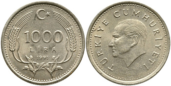 Турция 1000 лир 1991 Кемаль Ататюрк KM 997 медь никель цинк 4541-456