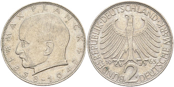 ФРГ 2 марки 1963 F , Макс Планк KM 116, J. 392 медно-никель плакированный никелем 4139-144