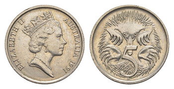 Австралия 5 центов 1991 Елизавета II (1952-2022), ехидна KM 80 медно-никель UNC 4154-135