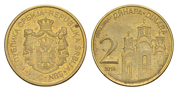 Сербия 2 динара 2019 KM 55 сталь плакированная латунью UNC 4649-114
