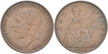 Великобритания 1 пенни 1927 Георг V (1910-1936) KM 826, Spink 4054 бронза 4162-546