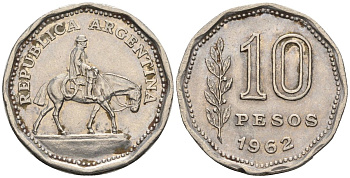 Аргентина 10 песо 1962 Гаучо KM 60, Schon 60, CJ 281 никелированная сталь    60-936
