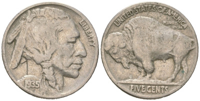 США 5 центов 1935 индеец, бизон KM 134 медно-никель 4614-1162