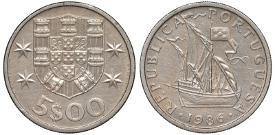 Португалия 5 эскудо 1986 KM 591 медно-никель 4143-141