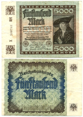 ГЕРМАНИЯ 5000 МАРОК 1922 2 ДЕКАБРЯ 1922, ВОДЯНОЙ ЗНАК Е, В ЗВЁЗДАХ G/D, ДЮРЕР Pick 81а бумага 444-105-1