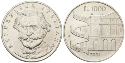 Италия 1000 лир 2001 R, 100 лет со дня смерти Джузеппе Верди KM 236 серебро BU 4367-1146