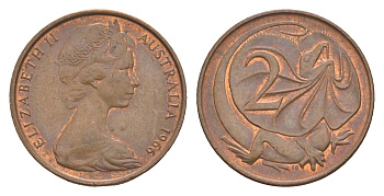 Австралия 2 цента 1966 Елизавета II (1952-2022), плащеносная ящерица KM 63 бронза 4585-1054