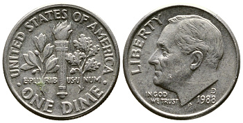 США 10 ЦЕНТОВ = 1 ДАЙМ 1988 D, РУЗВЕЛЬТ KM 195а медь плакированная медно-никелем 57-1235