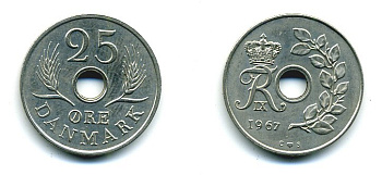 ДАНИЯ 25 ЭРЕ 1967 С; S, ФРЕДЕРИК IX (1947-1972) KM 855.1 медно-никель UNC 25-452
