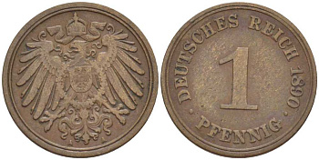 ГЕРМАНИЯ 1 ПФЕННИГ 1890 A KM 10, J. 10, Weege 2 медь 211-136
