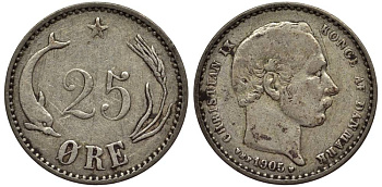 Дания 25 эре 1905 VBP; Кристиан IX (1863-1906) KM 796.2 серебро 4549-913