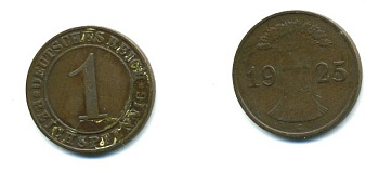 ГЕРМАНИЯ 1 РЕЙХСПФЕННИГ 1925 J KM 37, J. 313 бронза 46-835
