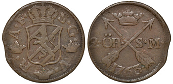 Швеция 2 эре 1763 S.M. Адольф Фредерик (1751-1771) диаметр 34 мм, вес 28,3 гр KM 461 медь 4179-325