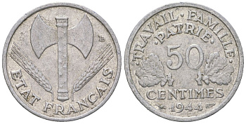 Франция 50 сантимов 1944 KM 914 алюминий 4617-944