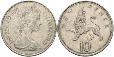 Великобритания 10 пенсов 1969 Елизавета II (1952-2022) KM 912, Spink 4231 (F1) медно-никель 81-1222