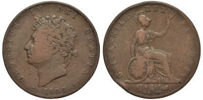 Великобритания 1/2 пенни 1827 Георг IV (1820-1830) KM 692, Spink 3824 медь 4557-844