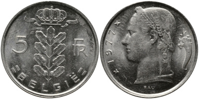 БЕЛЬГИЯ 5 ФРАНКОВ 1977 BELGIE KM 135.1 медно-никель 98-613