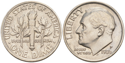 США 10 центов (дайм) 1986 P, Франклин Рузвельт KM 195a медь плакированная медно-никелем 188-435