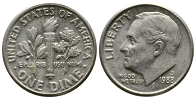США 10 ЦЕНТОВ = 1 ДАЙМ 1988 D, РУЗВЕЛЬТ KM 195а медь плакированная медно-никелем 57-1235