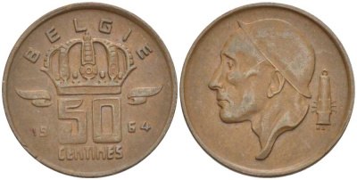 БЕЛЬГИЯ 50 САНТИМОВ 1964 BELGIE KM 149.1 бронза 4396-324
