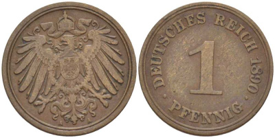ГЕРМАНИЯ 1 ПФЕННИГ 1890 A KM 10, J. 10, Weege 2 медь 211-136