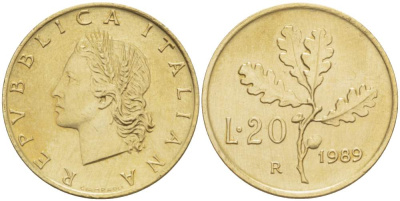 ИТАЛИЯ 20 ЛИР 1989 R, ДУБОВЫЕ ЛИСТЬЯ KM 97.2 алюминиевая бронза 4511-1014