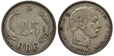 Дания 25 эре 1905 VBP; Кристиан IX (1863-1906) KM 796.2 серебро 4549-913