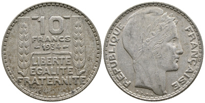 Франция 10 франков 1934 Пьер Тюрен KM 878, Le Franc 360.7 серебро 60-1254