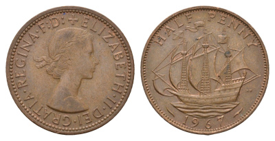 Великобритания 1/2 пенни 1967 Елизавета II (1952-2022) KM 896, Spink 4158 бронза 4675-436