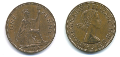 Великобритания 1 пенни 1964 Елизавета II (1952-2022) KM 897, Spink 4157 бронза 3999-326