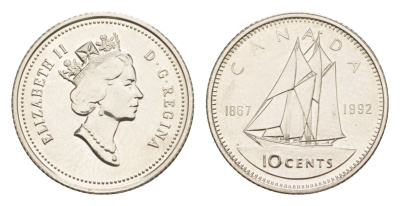 Канада 10 центов 1992 Елизавета II (1952-2022), парусник KM 206 никель UNC 4639-655