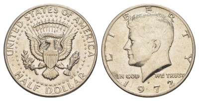 США 1/2 доллара (50 центов) 1972 D, Джон Кеннеди KM 202b медь плакированная медно-никелем aUNC 3855-926