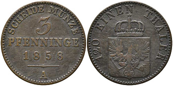 ПРУССИЯ 3 ПФЕННИГА 1858 А, ФРИДРИХ ВИЛЬГЕЛЬМ IV (1840-1861) KM 453 медь 4448-1116