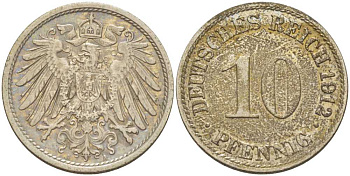 ГЕРМАНИЯ 10 ПФЕННИГОВ 1912 A KM 12, J. 13, Weege 8 медно-никель 212-214