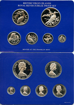Британские Виргинские острова набор из 6 монет 1977 25 лет правления Елизаветы II (1952-2022), птички, в картонном буклете, запайка, в оригинальной коробке, с сертификатом KM PS 6, KM 9-14 серебро  PROOF  8-2-04-13