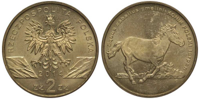 Польша 2 злотых 2014 MW, серия сохраним природу, польский коник KM 896 латунь 111-642