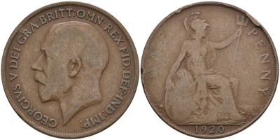 Великобритания 1 пенни 1920 Георг V (1910-1936) KM 810, Spink 4051 бронза 4572-1236