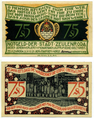 Цойленрода 75 пфеннигов 1921 1 ноября 1921, нотгельд (WASSERNOT), земля Тюрингия Grabowski 1470.2 бумага 2196-3-3-2