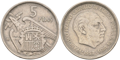 Испания 5 песет 1957(60) Франциско Франко (1939-1975) KM 786 медно-никель 4583-1214