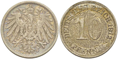 ГЕРМАНИЯ 10 ПФЕННИГОВ 1912 A KM 12, J. 13, Weege 8 медно-никель 212-214