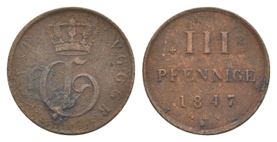 Мекленбург-Стрелиц 3 пфеннига 1847 F+N KM 80 медь 4649-515