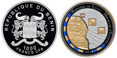 Бенин 1000 франков 2012 серия сокровищая Египта, пирамиды, сфинкс, цветная эмаль серебро PROOF 1087-8-42