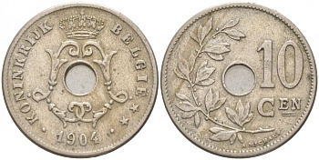 БЕЛЬГИЯ 10 САНТИМОВ 1904 BELGIE KM 53 медно-никель 68-221