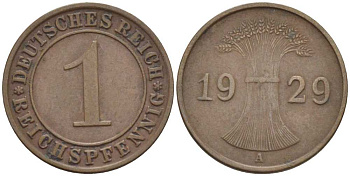 ГЕРМАНИЯ 1 РЕЙХСПФЕННИГ 1929 A KM 37, J. 313, Weege 2 бронза 211-117