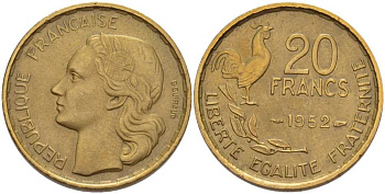 ФРАНЦИЯ 20 ФРАНКОВ 1952 ПЕТУХ, 4 ПЕРА В ХВОСТЕ KM 917.1, LE FRANC 402.9 алюминиевая бронза 117-914