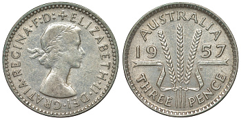 Австралия 3 пенса 1957 m, Елизавета II (1952-2022) KM 57 серебро 71-541